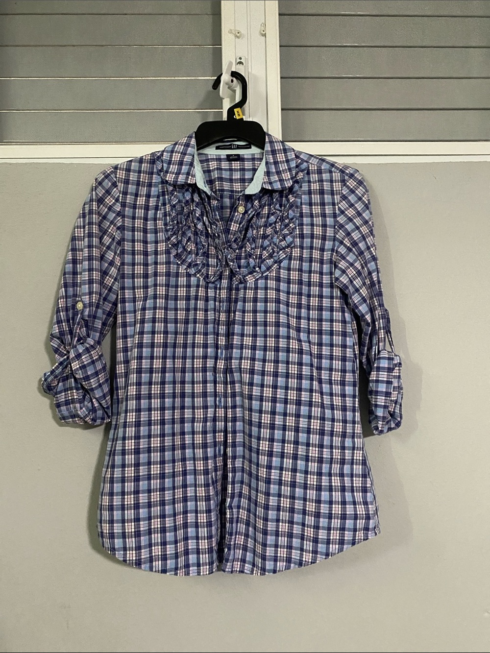 GAP Plaid Button-Up Shirt with Ruffle Bib - Blue & White